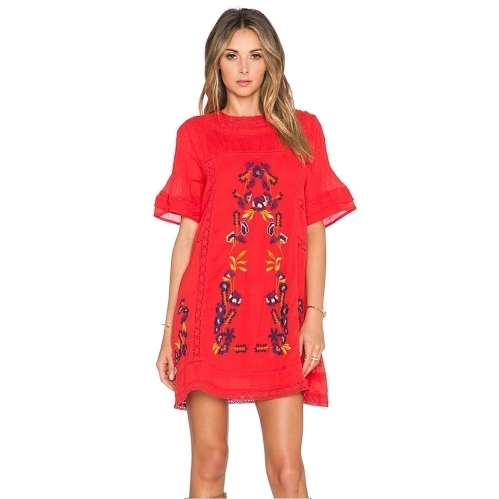 Free People Perfectly Victorian Floral Embroidered Boho Mini Dress Tomato XS
